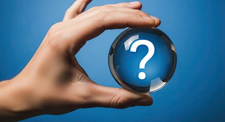 Mystery and Insight: A hand delicately cradles a translucent orb, emblazoned with a bold question mark, inviting contemplation and sparking curiosity about the unknown.
