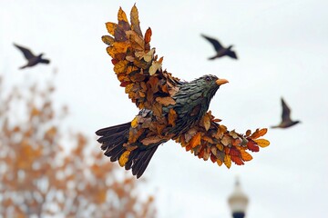 Bird made of leaves soars among real birds in a serene sky filled with clouds