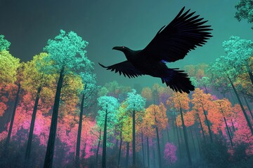 Giant bird soars above vibrant forest filled with colorful trees and magical atmosphere in daytime