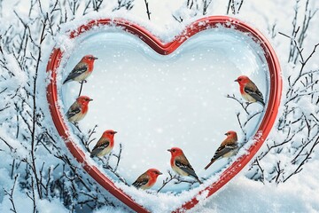 Heart-shaped snow globe showcases two vibrant birds in a winter wonderland setting