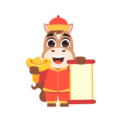 Chinese New Year Horse with Paper and Gold Ingot for Greeting Cards and Event Posters
