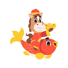Chinese New Year Horse Riding Koi Fish with Gold Ingot for Greeting Cards and Event Posters