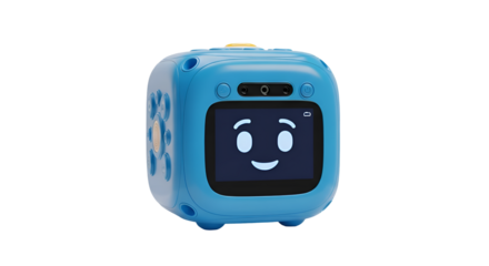 Blue Cube Robot with Smiling Face.