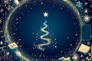 Colorful spiral firework displays festive spirit around Christmas tree with gifts during a holiday celebration at night