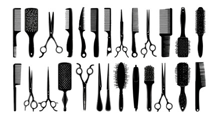 Collection of professional hair salon tools in black silhouette. Various barber equipment including combs, brushes, and scissors.