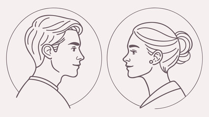 A detailed illustration of a man and woman in profile facing each other in circular frames with a minimalist line art style on a light background
