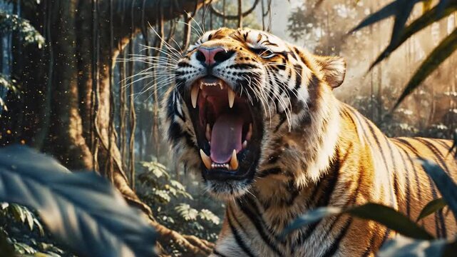 Powerful Bengal Tiger Roaring with Open Mouth and Sharp Fangs in Lush Tropical Jungle Habitat