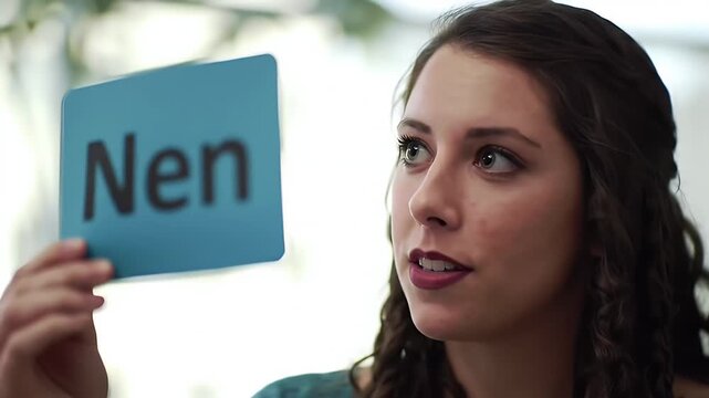 Engaging Woman Teaching Phonetics and Pronunciation with Flashcards Indoors