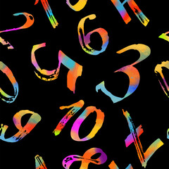 Grunge colored numbers vector seamless pattern on black background. hand drawn. Not AI, Vector illustration