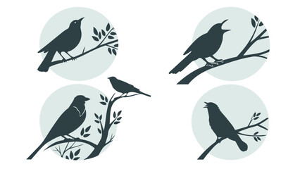 Four black birds perched on branches with leaves in gray circles on white background with silhouette and nature and wildlife