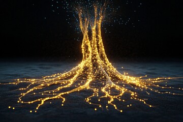 Surreal roots emerge from minimalist dots, creating an ethereal tree in a dreamlike landscape