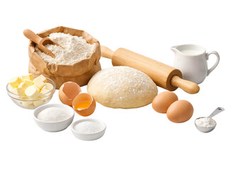 Baking Ingredients Set with Dough, Flour, Eggs, Butter, and Kitchen Tools