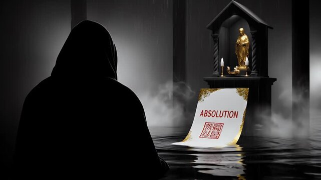 Mysterious hooded figure seeking absolution near a religious shrine in darkness.