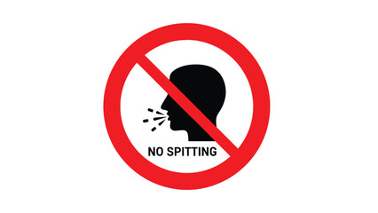Black silhouette of a person&rsquo;s profile with a red circle and diagonal line prohibiting the action indicating a clear no spitting warning sign graphic