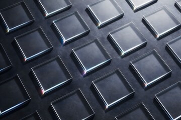 Highly detailed close-up of clear square glass blocks arranged in a precise pattern, refracting light with vibrant prismatic colors.