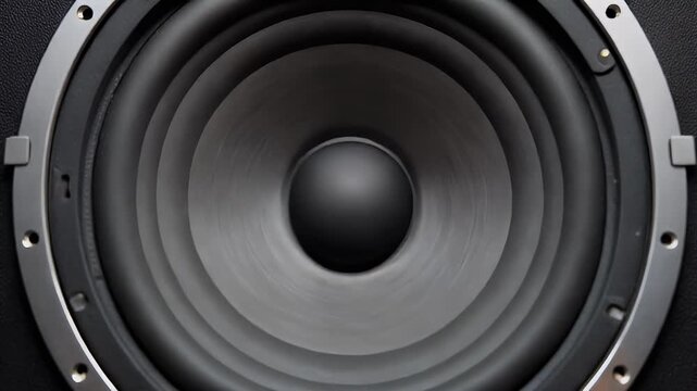 A close-up view of a dark speaker showing concentric circles and a central dome. It's surrounded by a metallic rim. The texture is smooth, with subtle gradations