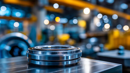 Ball bearing in factory setting, industrial component manufacturing, precision machinery parts, mechanical engineering elements, production facility equipment, factory floor machinery, with copy