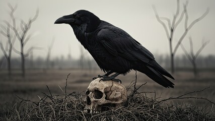 Mysterious Sentinel: A sleek raven perches atop a weathered skull, framed by a barren, misty landscape. The image evokes a sense of somber introspection and the quiet anticipation of the unknown.