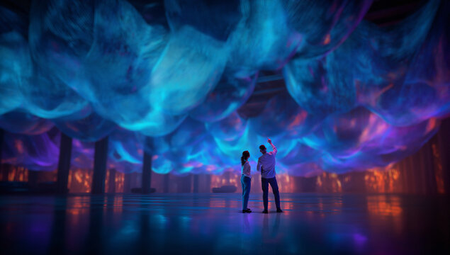 Immersive artwork with couple exploring glowing digital cloud installation. Concept of interactive technology, emotional experience, future media art, innovation presentation, experiential marketing.