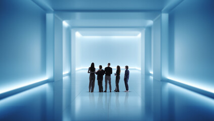 Minimal composition with group standing inside futuristic blue architectural space. Concept of teamwork, innovation hub, corporate collaboration, future workspace and business strategy presentation.