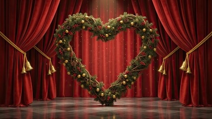 Stage of Affection: A romantic heart-shaped wreath, adorned with festive golden ornaments, takes center stage amidst elegant red curtains and stage lights. a theatrical feel of romance