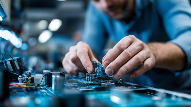 Faceless specialist robotic engineers maintenance on circuit board robotic controller in repair department, testing new program on automatic robot machine, defocused person, with copy space