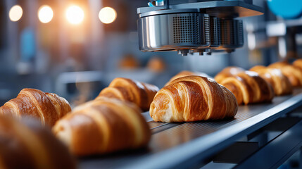 Modern smart bakery using automatic dough robot to make puff pastry for French croissants on conveyor line, food production automation, bakery industry robotics, with copy space