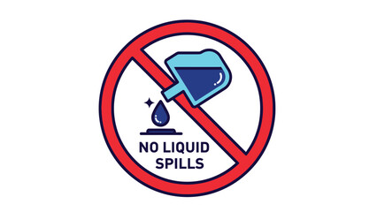 Prohibition sign clearly illustrating a container pouring blue liquid onto a surface with a single drop falling is strictly forbidden indicating no liquid spills allowed anywhere.