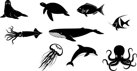 Obraz premium a collection of marine life icons including a seal turtle fish squid whale jellyfish dolphin and octopus silhouette on transparent background high quality professional detailed modern