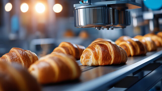 Modern smart bakery using automatic dough robot to make puff pastry for French croissants on conveyor line, food production automation, bakery industry robotics, with copy space