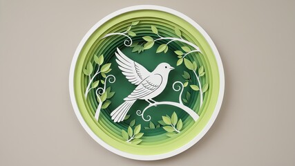 Paper Bird: A delicate, layered paper art creation depicts a serene bird perched on a leafy branch, symbolizing peace and tranquility, all encased within a circular frame.