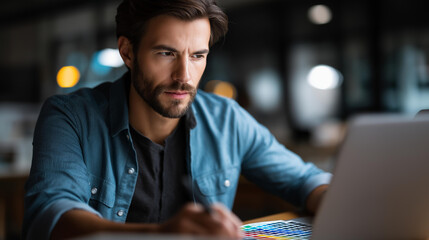 Faceless serious young male engineer designer with beard shows color palettes in laptop in office, design work, technical planning, industrial development, defocused person, with copy space