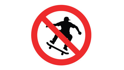 Black silhouette graphic depicting a skateboarder in motion crossed out by a red prohibitive circle and diagonal line clearly indicating no skateboarding allowed in the area.