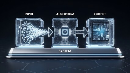 Abstract representation of a system with input, algorithm, and output in a futuristic design.