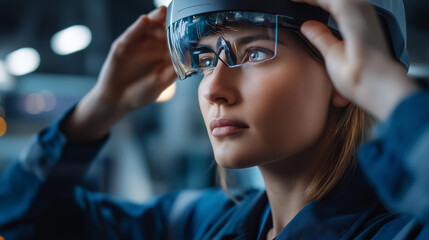 Faceless IoT Industry 4.0 concept, industrial engineer using smart glasses with augmented mixed virtual reality technology to monitoring machine in real time, defocused person, with copy space