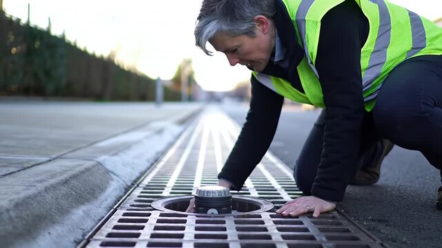 Technician installing smart city sensor in drain grate for water management