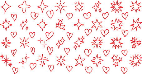 Doodle glitter twinkle star icons set. Hand drawn shine star burst symbol. Hand-drawn red doodle stars and hearts collection with sparkle accents on white background. 