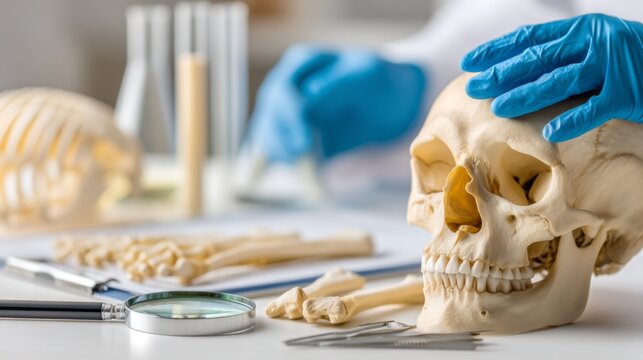 A forensic anthropologist carefully examines a human skull and skeletal remains in a bright laboratory. Various tools and specimens surround them, showcasing detailed investigation work