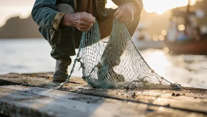 Fisherman mending fishing net on a pier, capturing traditional maritime lifestyle