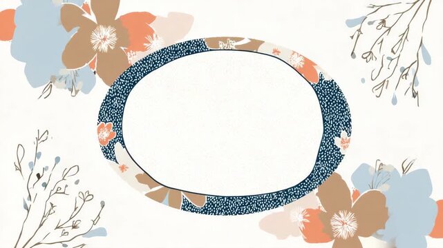 Oval frame with floral border and abstract design in blue and coral
