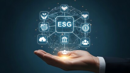 Businessman holding hand with glowing esg icons and symbols floating above palm in dark background with blue tones