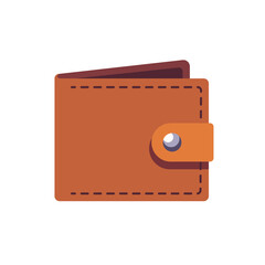 Brown leather wallet with button clasp, colorful icon, flat style vector illustration