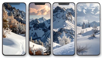 Four Phone Screens Displaying Snowy Mountain Landscapes with Varied Lighting.