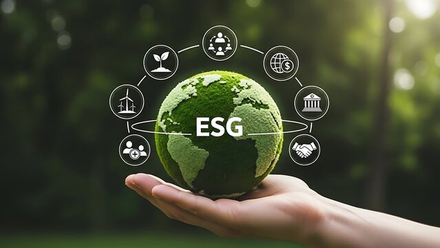Hand holding a green globe with esg icons around it representing environmental sustainability and social governance