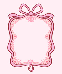 Floral vector bow frame, coquette ribbon girly border illustration for romantic invitations and background designs