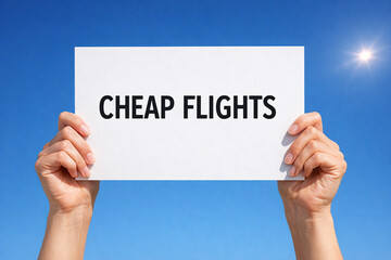 Hands holding a white paper sign that reads cheap flights against bright blue sky