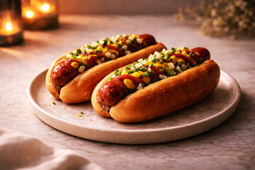 classic hot dogs with mustard onion relish on soft buns