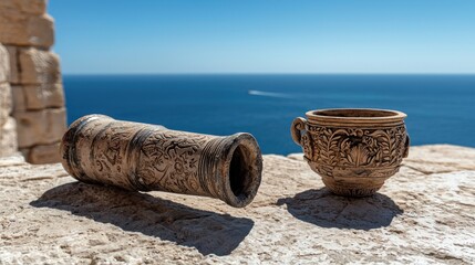 Naklejka premium Decorative cannon & vessel on a stone ledge overlooking a blue sea with a clear sky, captured in bright daylight
