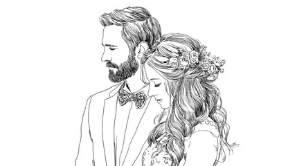 Fototapeta premium Elegant line art portrait of a loving couple, hand-drawn illustration capturing romantic wedding intimacy and tender embrace.