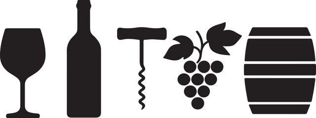 Wine icons silhouette set glass, bottle, grapes, barrel vector illustration